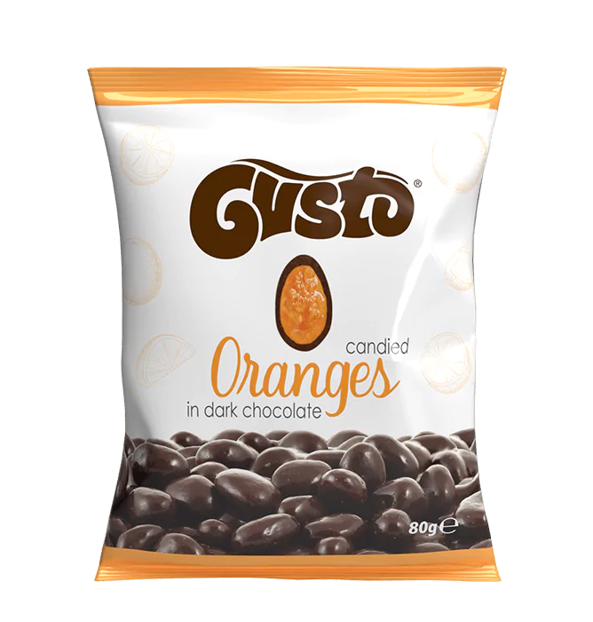 KANDYZOWANE POMARANCZE GUSTO OBLANE GORZKA CZEKOLADA W TOREBCE 80G